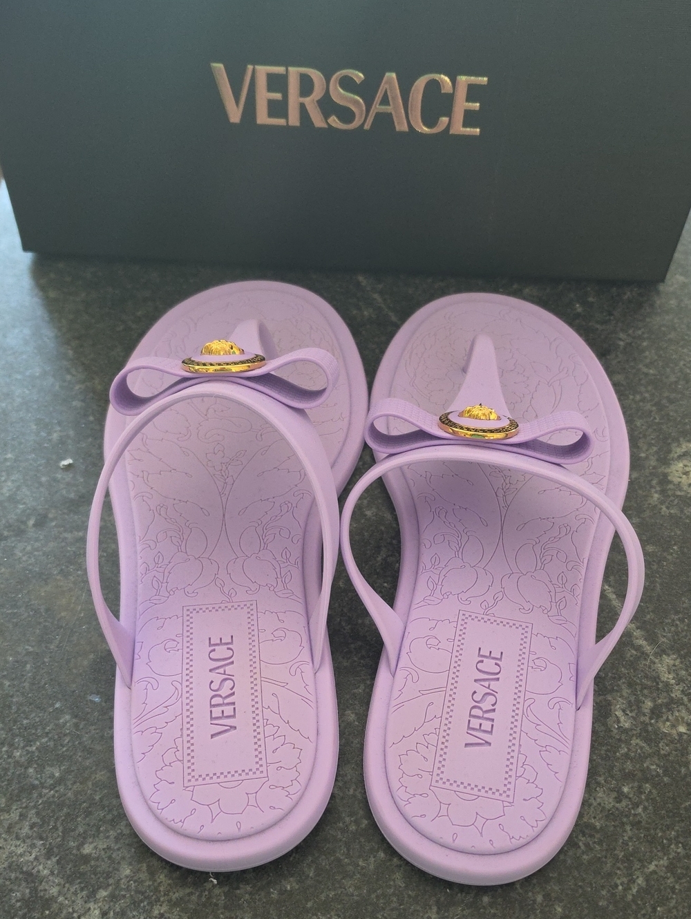Versace Lilac Bow Medusa Rubber Flip Flops